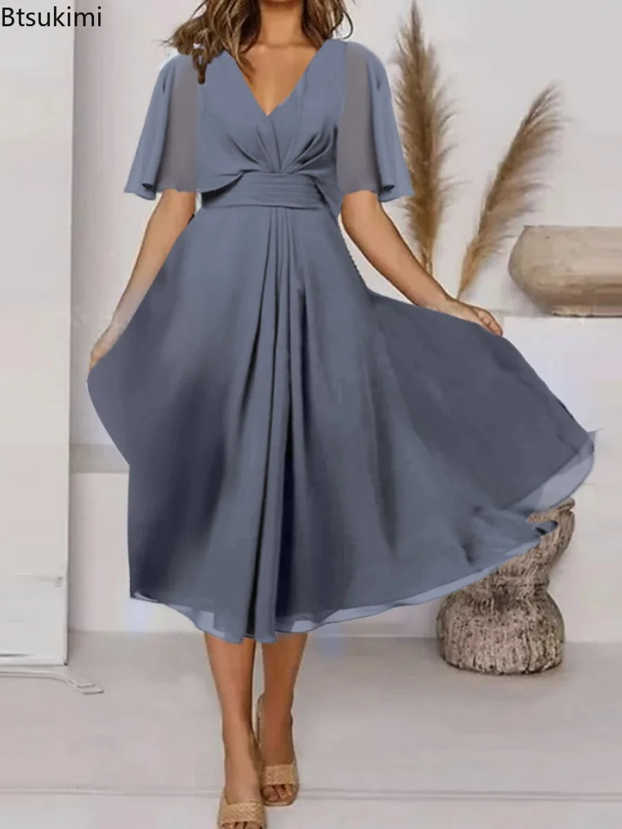 2025 Women's Evening Party Dress Plus Size Long Elegant  A Line V Neck Ruffles Chiffon Formal Wedding Dress Robe Dazzling Dress