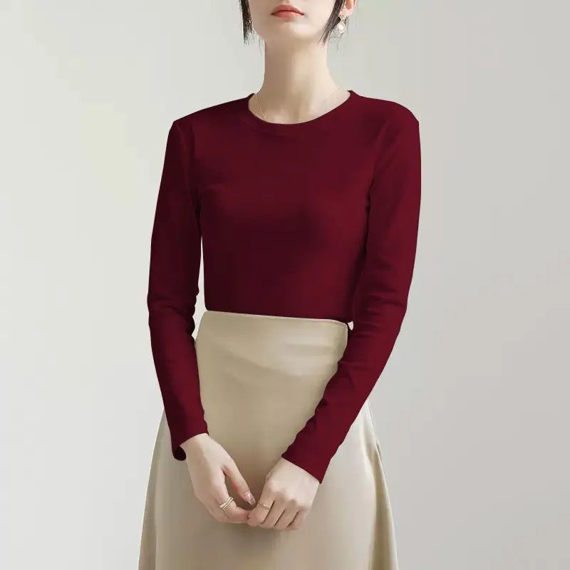 Threaded Warm Bottoming Shirt for Women in Autumn and Winter New Slim Fit Inner Long-sleeved T-shirt Fleece Top