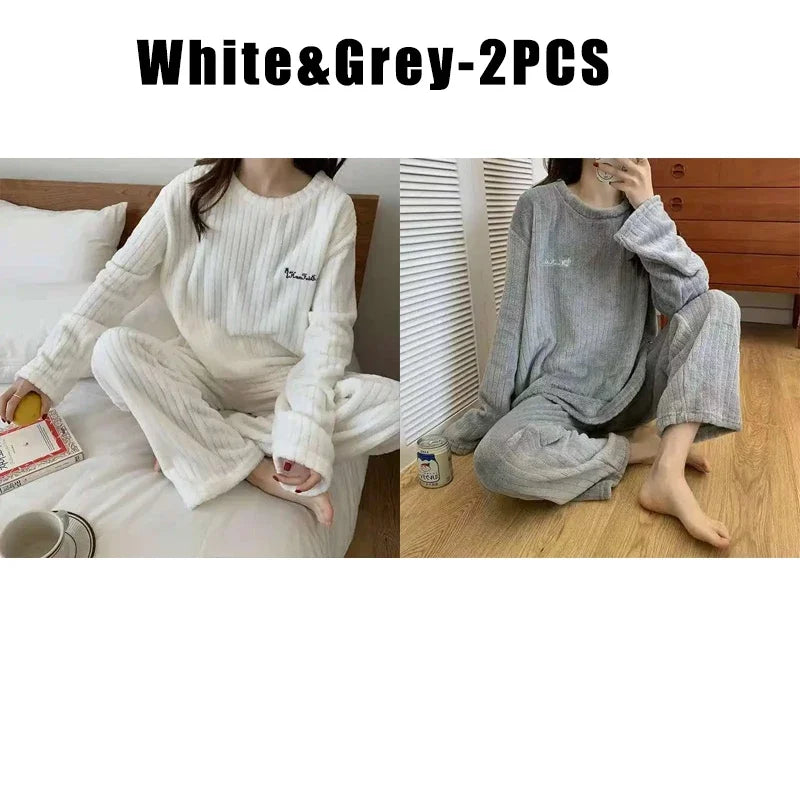 Women Coral Fleece Pajama Set Warm Round NeckSleepwear Cozy Loungewear Outfit