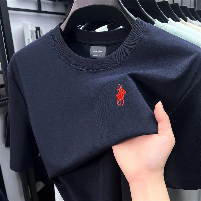 High end short sleeve T-shirt men's fashion brand pony embroidery summer new silk cotton breathable casual round neck Paul top