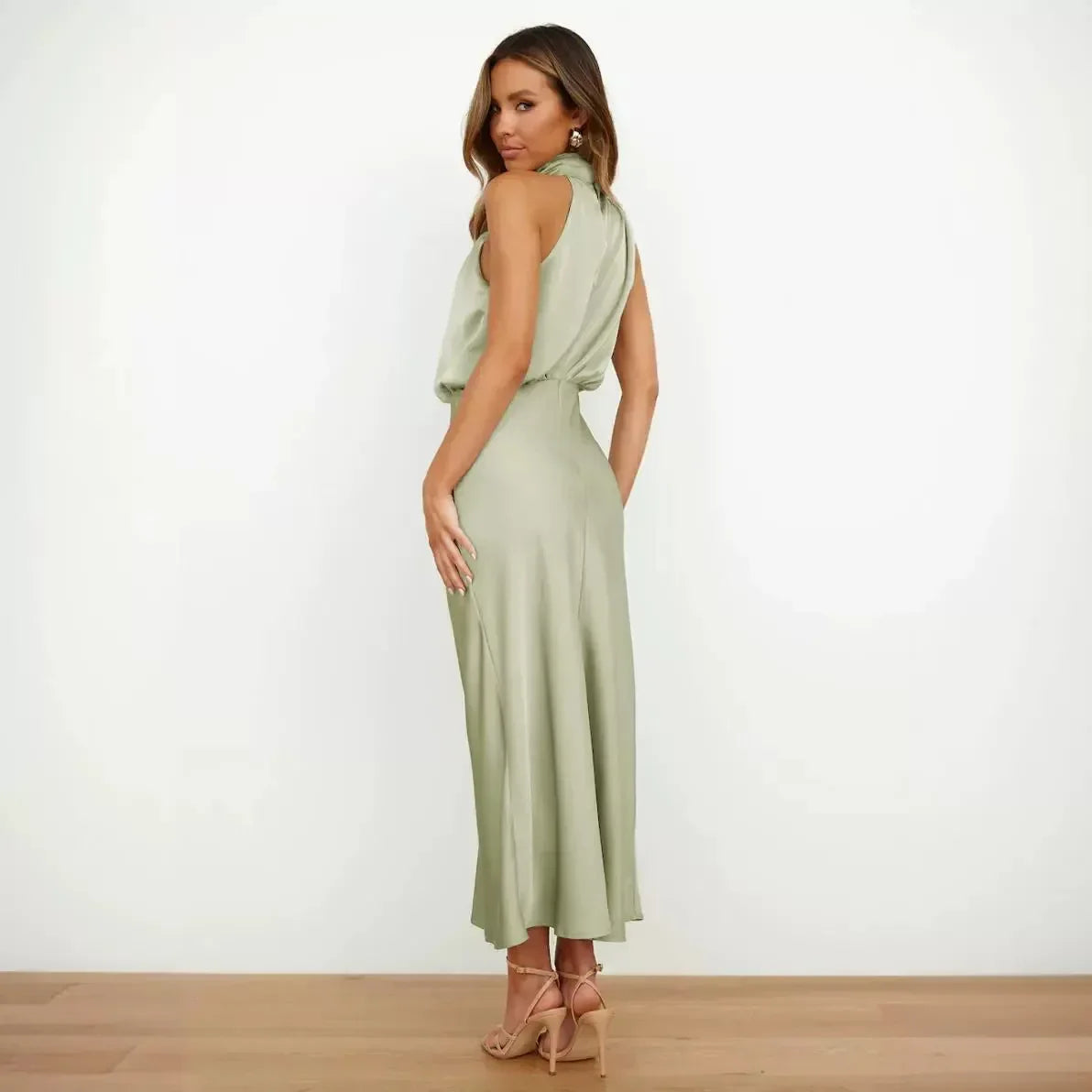 2025 Spring/Summer Long Dress for Women High Waist Halter Satin Sleeveless Dress Fashion Elegant Solid Evening Party Dresses
