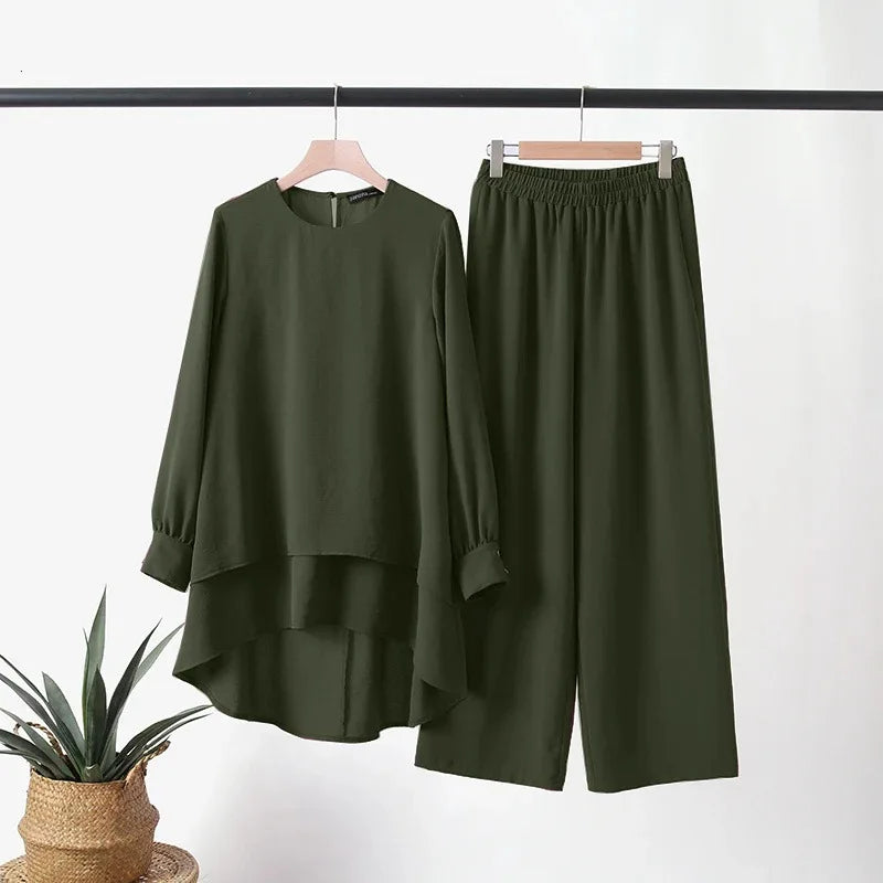 Women 2 Piece Set Blouse Double Top Wide Leg Pants Suit Casual Ensemble  Arab Trousers Outfits