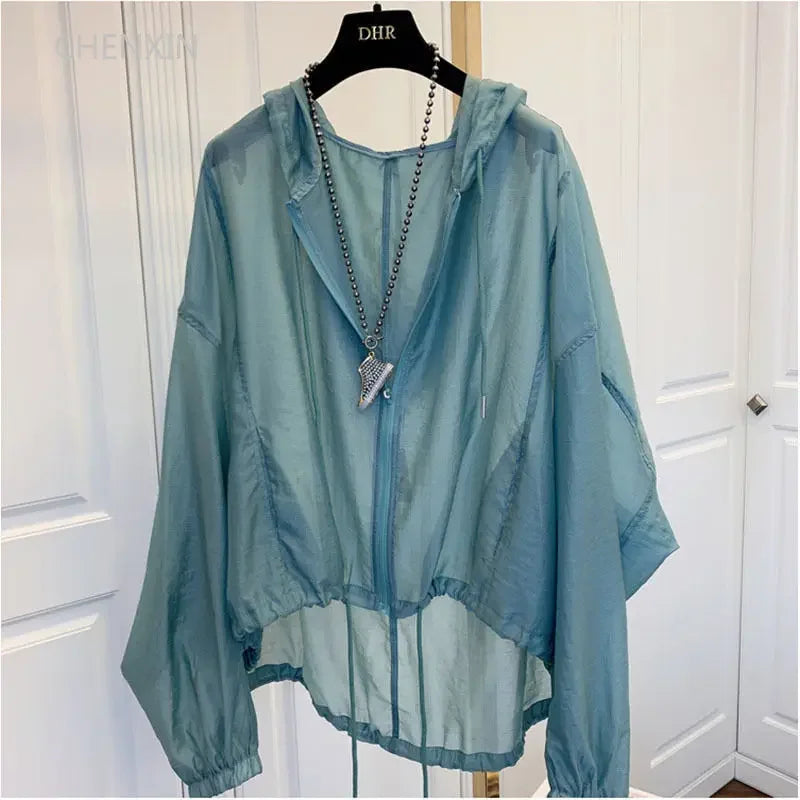 Women Hooded Jackets Summer Sun-proof Zipper Coats Thin Loose See Through Outerwear Breathable Outwear Lightweight Clothes White