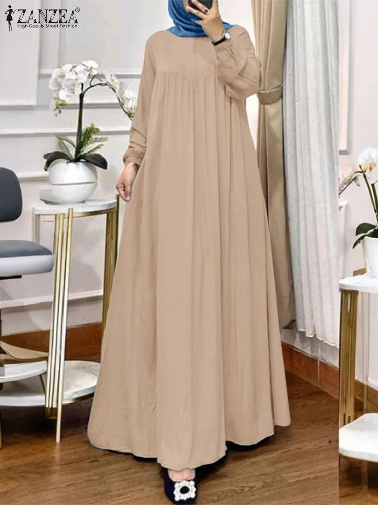 ZANZEA Womens Maxi Dresses Casual Loose Long Sleeve Hijab O-Neck  Abaya Robes