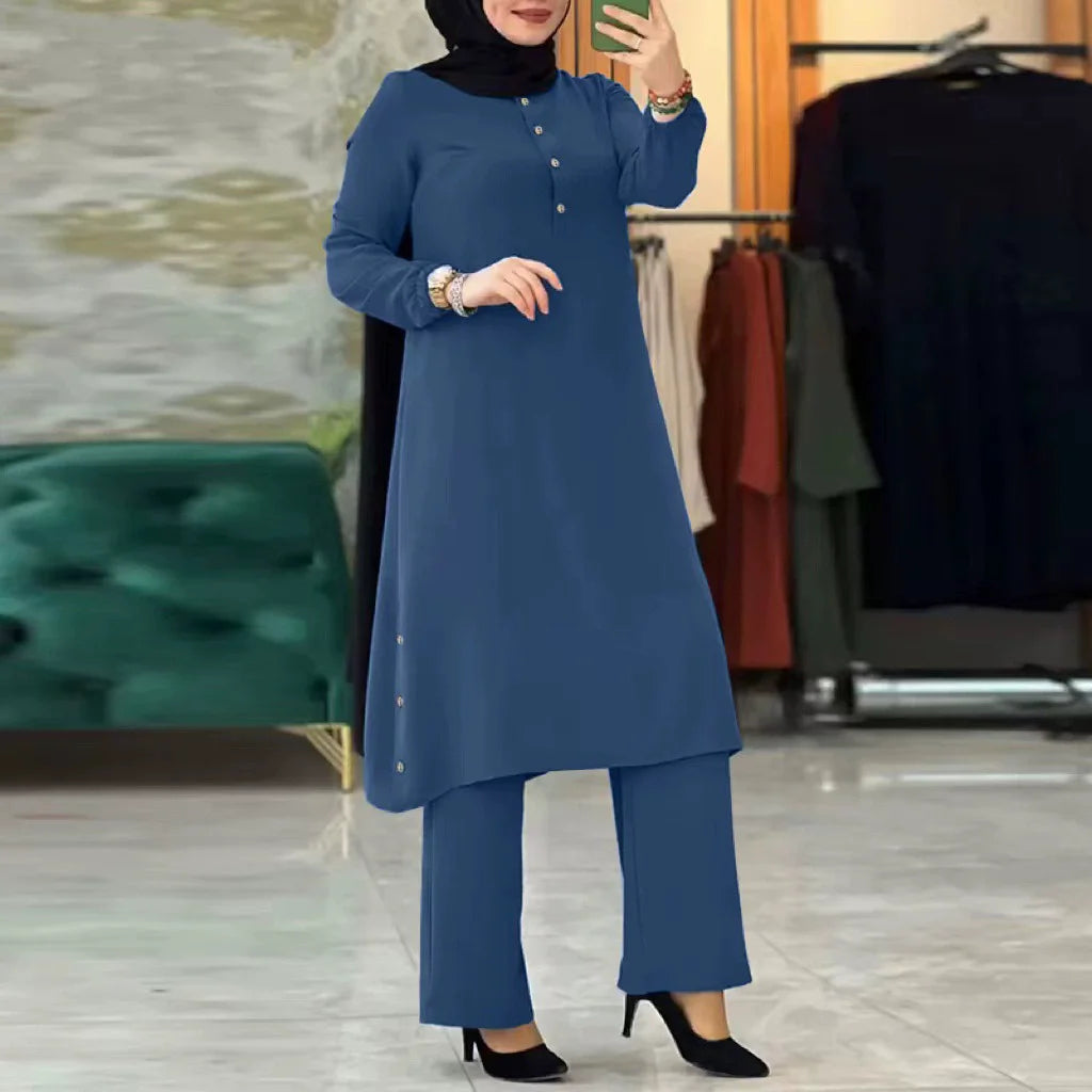 Two Piece Women Modest Set Top Lace Up Wide Leg Pants Suit Ramadan  Casual Ensemble Arabic Outfits