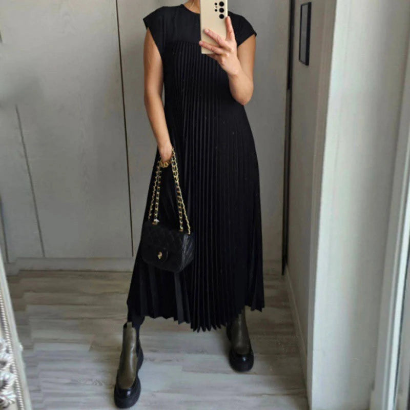 Elegant Loose Summer Party Dresses Fashion Women Short Sleeve Casual A-line Pleated Long Dress O Neck Solid Robe Simple Clothes