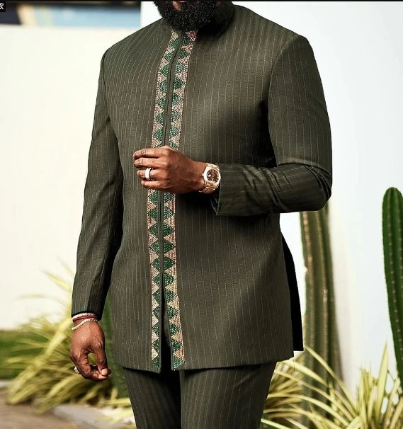 Mans Tracksuits Suits Set Kaftan Embroidered Long Sleeve Tops Pants 2Pcs Set Outfits Wedding Wear African Ethnic Casual Clothing
