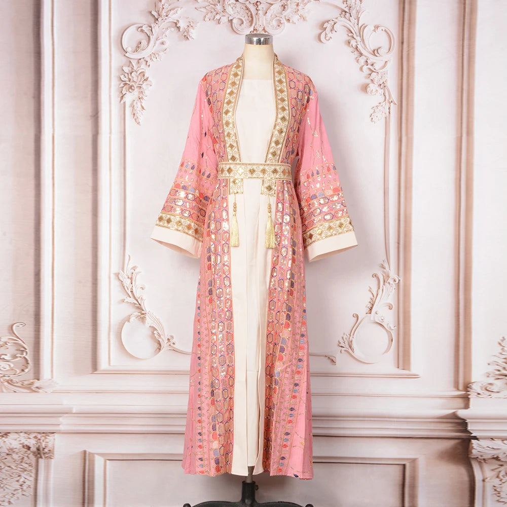 2025 Dubai Luxury Sequin Embroidered Dress  Women Open Abayas Maxi Dress Robe Set