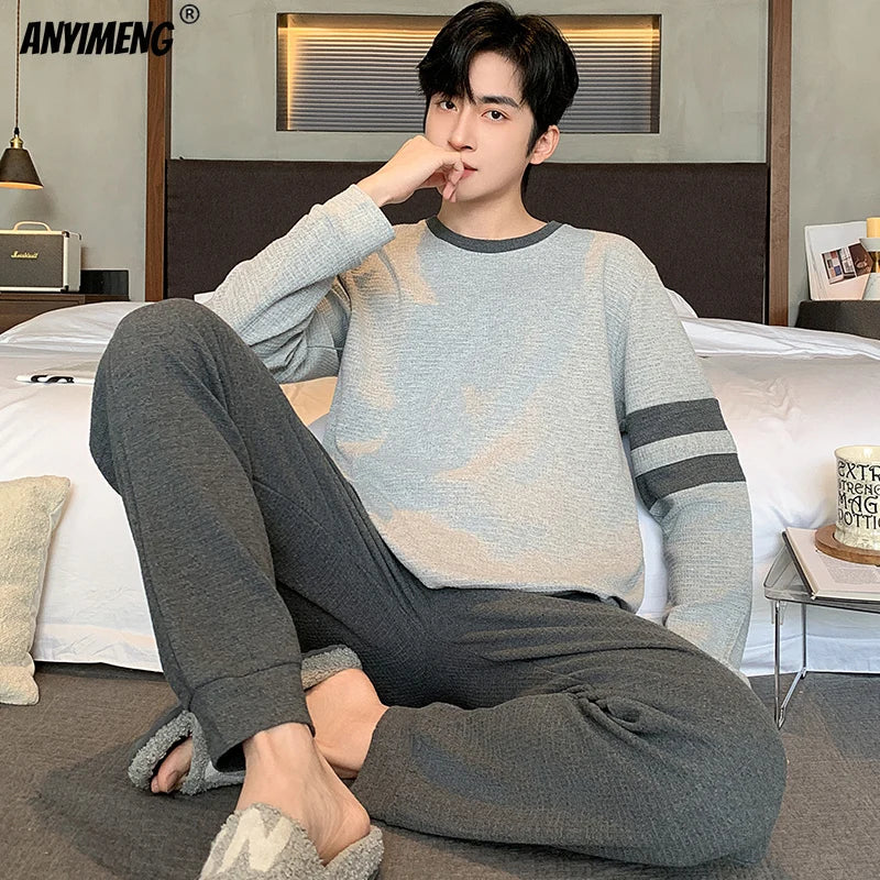 Winter Autumn Men Pajamas Set Faux Cotton Sleepwear Leisure Pyjamas for Boy Casual Homesuit Long Sleeves Pijama Youth Nightwear