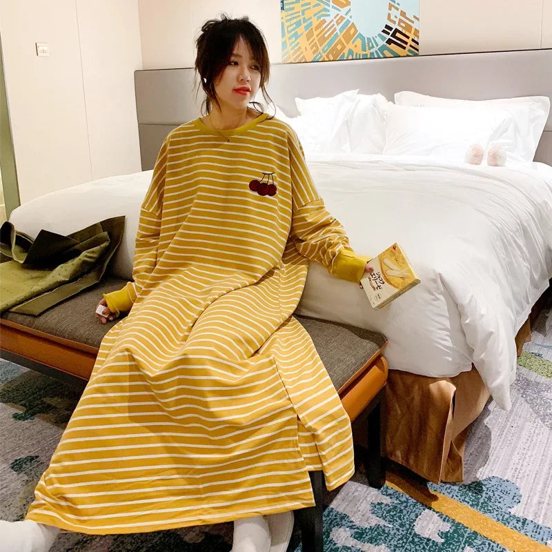 2025 Women Sleepwear Spring Summer Plus Size Night Dress for Lady Cute Long Sleeve Loose Embroidery Cartoon Sleepshirts Pajamas