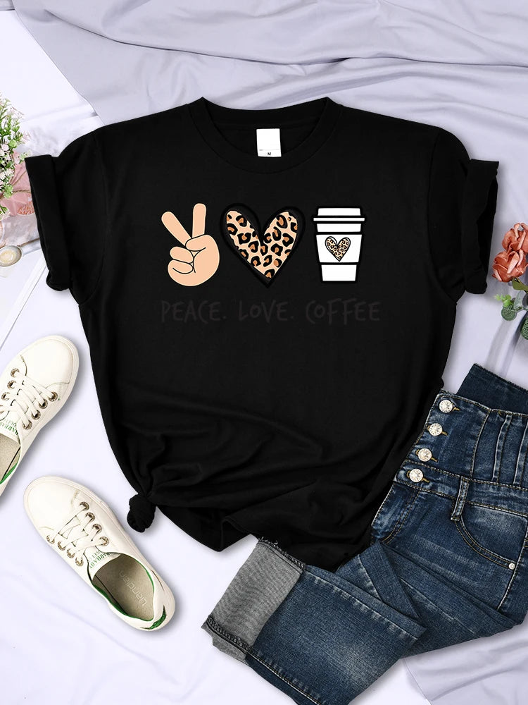 Women's Peace Love Coffee Printed Quality T-Shirts Brand Breathable O-Neck Tshirt For Women
