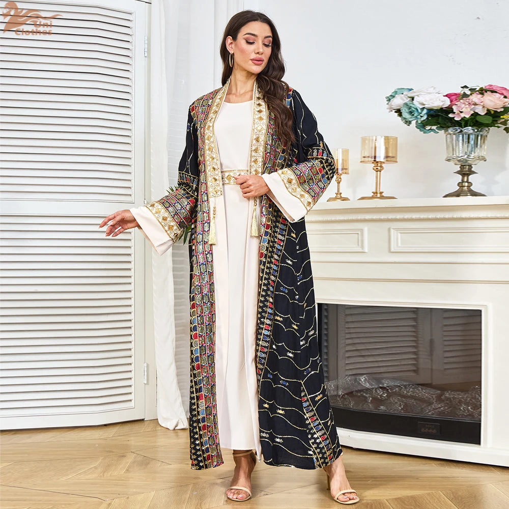 2025 Dubai Luxury Sequin Embroidered Dress  Women Open Abayas Maxi Dress Robe Set