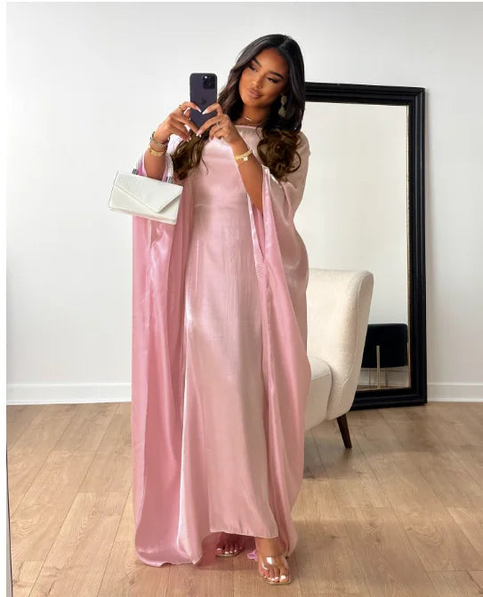 Rose Dress Shiny Batwing Satin Maxi Abaya Dubai Luxury 2025 Femme Long Robes