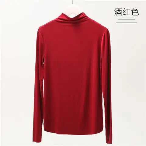 Fall and Winter 2025 New Luxury Clothing Stretch Modal T-Shirt for Women Half-high Collar Slim-fit Solid Color Long Sleeve Top