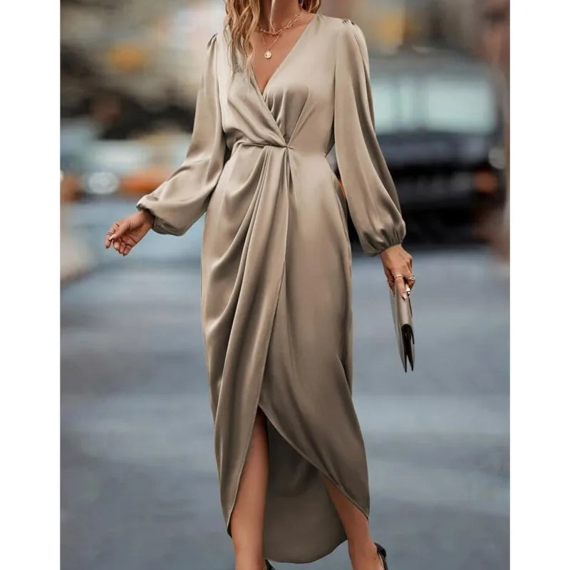 Women's Satin Evening Party Maxi Dress Draped Silk V-Neck Long Sleeve Office Lady  Midi Dresses Vestidos Sexy Chic Robes Longue