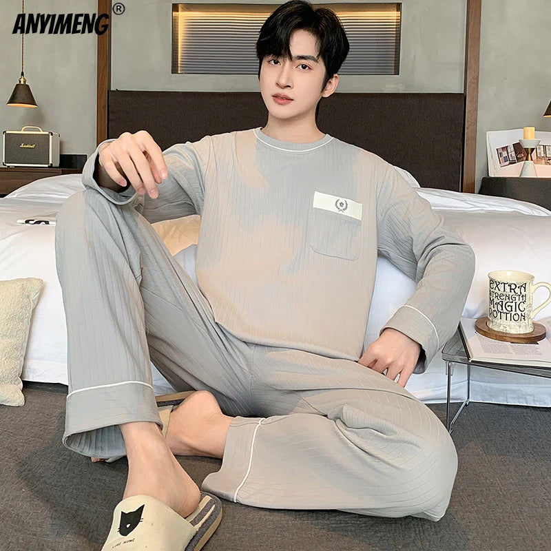 Winter Autumn Men Pajamas Set Faux Cotton Sleepwear Leisure Pyjamas for Boy Casual Homesuit Long Sleeves Pijama Youth Nightwear