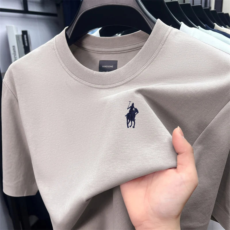 High end short sleeve T-shirt men's fashion brand pony embroidery summer new silk cotton breathable casual round neck Paul top