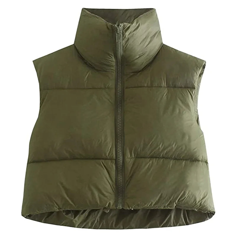 Women Winter Warm Crop Waistcoat Sleeveless Stand Collar Double Sided Lightweight Puffer Vest