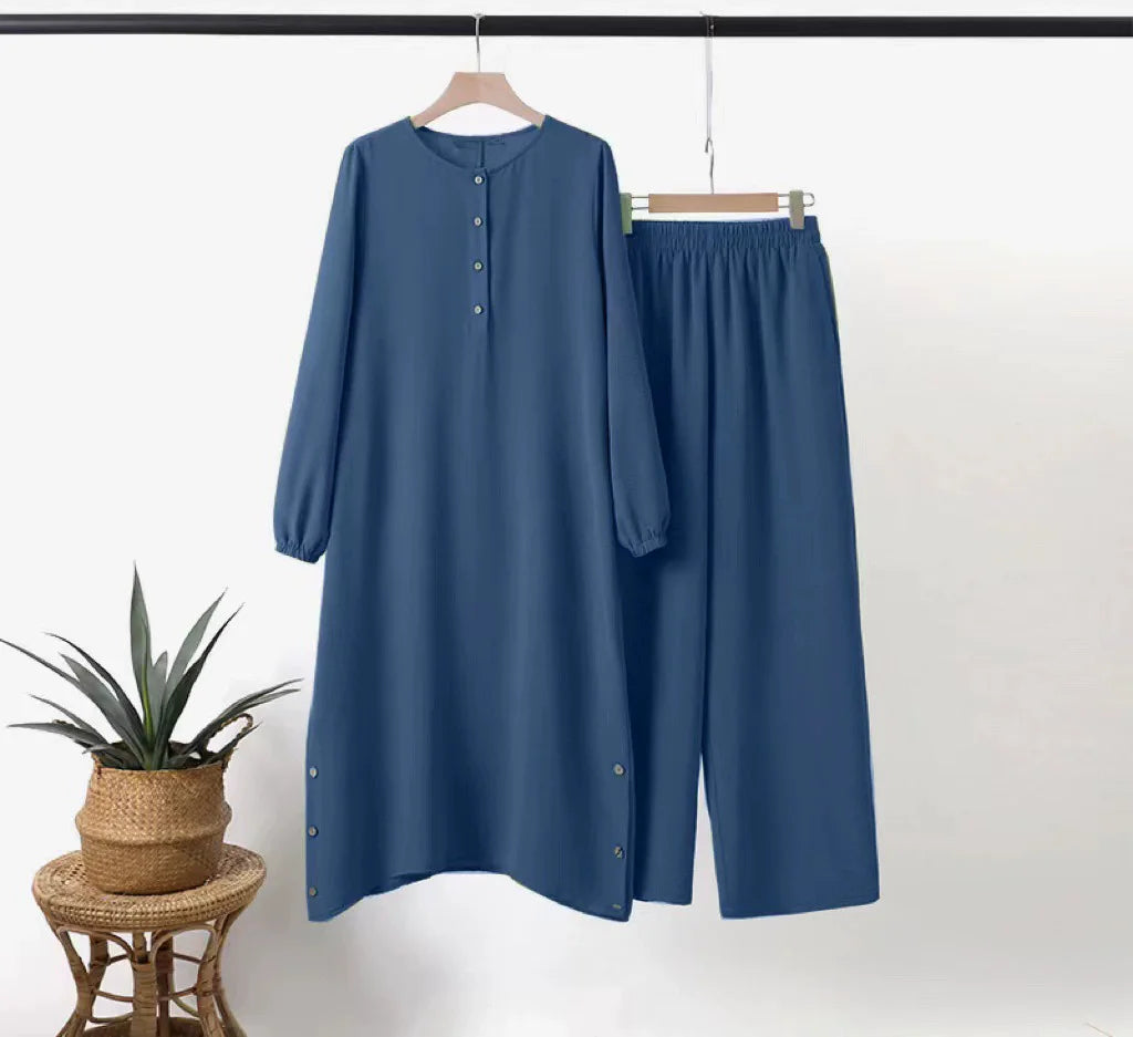 Two Piece Women Modest Set Top Lace Up Wide Leg Pants Suit Ramadan  Casual Ensemble Arabic Outfits