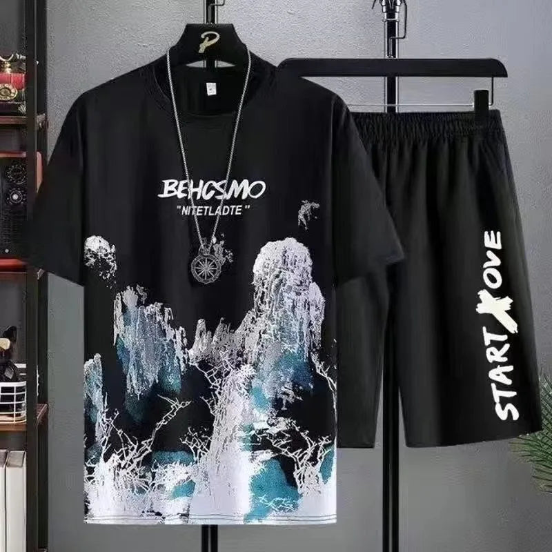 2025 Summer leisure Men set Manga Graffiti Tees T-shirt+shorts 2-piece Comfortable and breathable for men Top Print Tshirts sets
