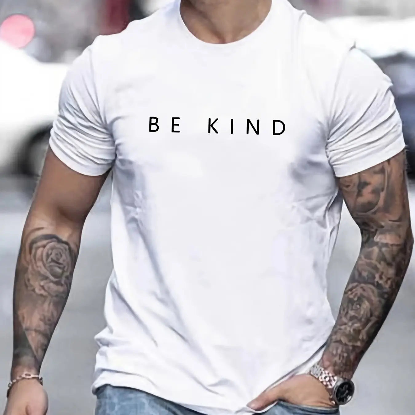 Men's Summer Loose Fit  100 Cotton be Kind Print T-shirt Tops O-neck Pactwork