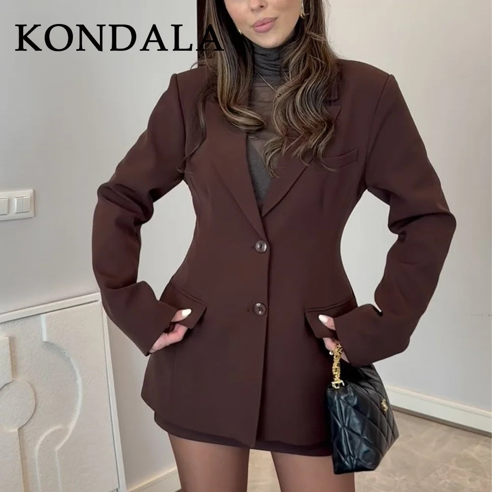 KONDALA 2025 Fall Winter Brown Elegant Office Lady Suits Fashion Shrug Pockets Blazers Elegant Zipper Skirts Chic Baggy Pants