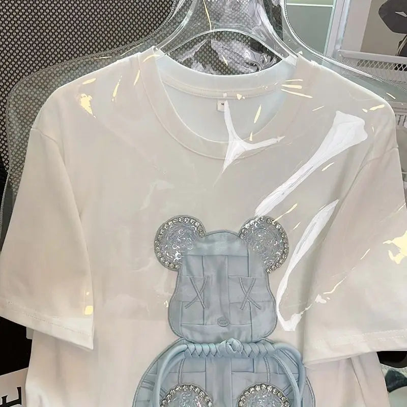 Luxury Embroidery Bear Diamond T Shirts Cute Cartoon Summer Tee Tops High Quality Cotton Short Sleeve Kawaii Clothes Korea