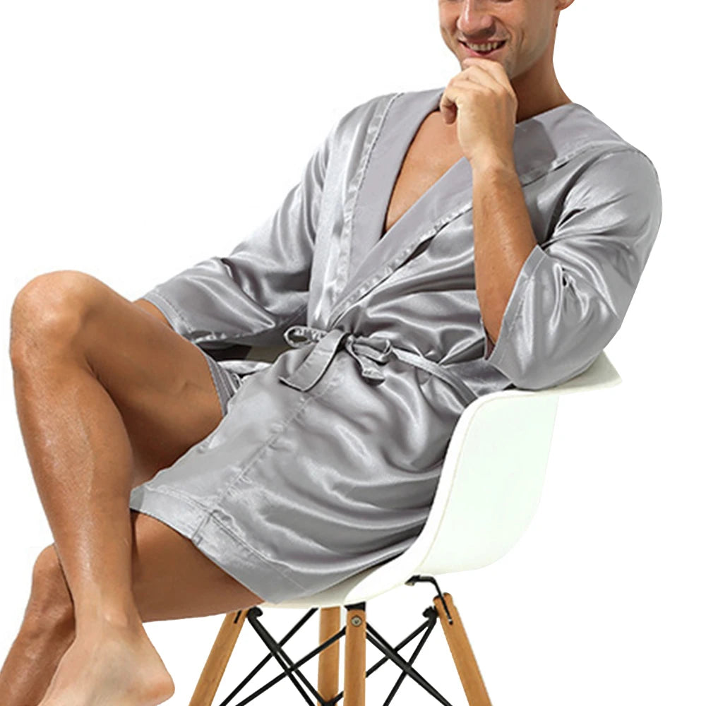Men Bathrobe Pajamas Nightgown Hooded Loose Satin Silk Sleepwear Cardigan Gown Bath Robe Nightwear Sleep Bottoms 