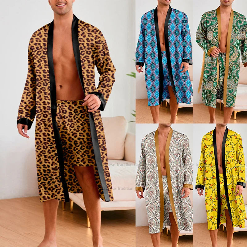 Men 2 Pieces Sleepwear Leopard Bathrobe Set  Homme Long Mens Sleepwear Loungewear Home Dressing Gown