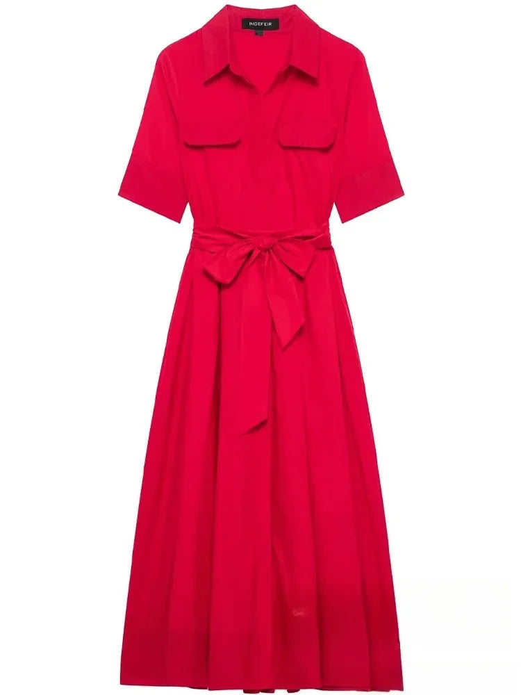 KONDALA Casual Chic Red Women Sashes Long Dress Women Pockets Short Sleeve Summer Dress Fashion 2025