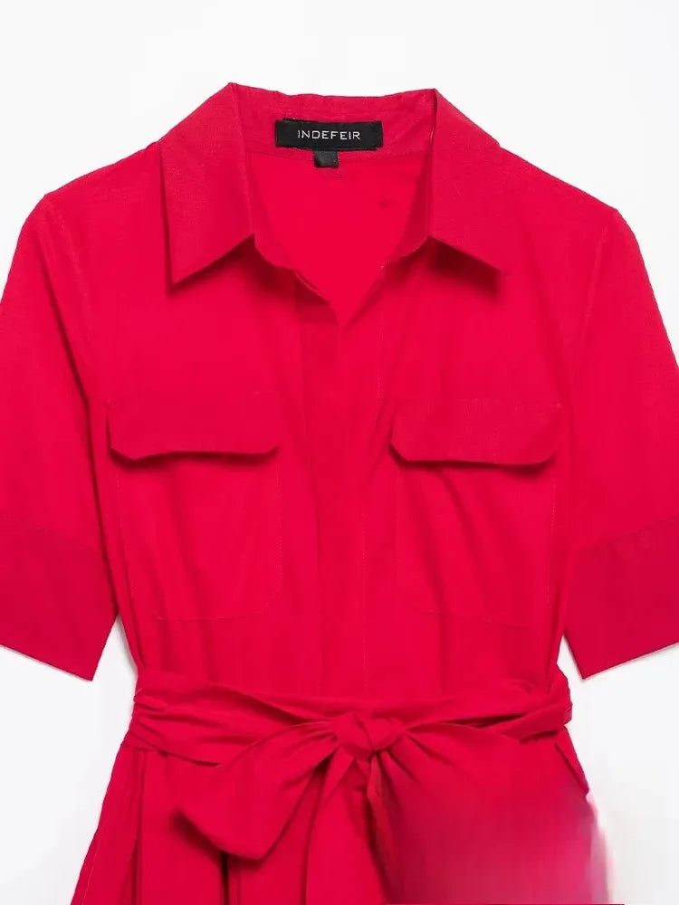 KONDALA Casual Chic Red Women Sashes Long Dress Women Pockets Short Sleeve Summer Dress Fashion 2025