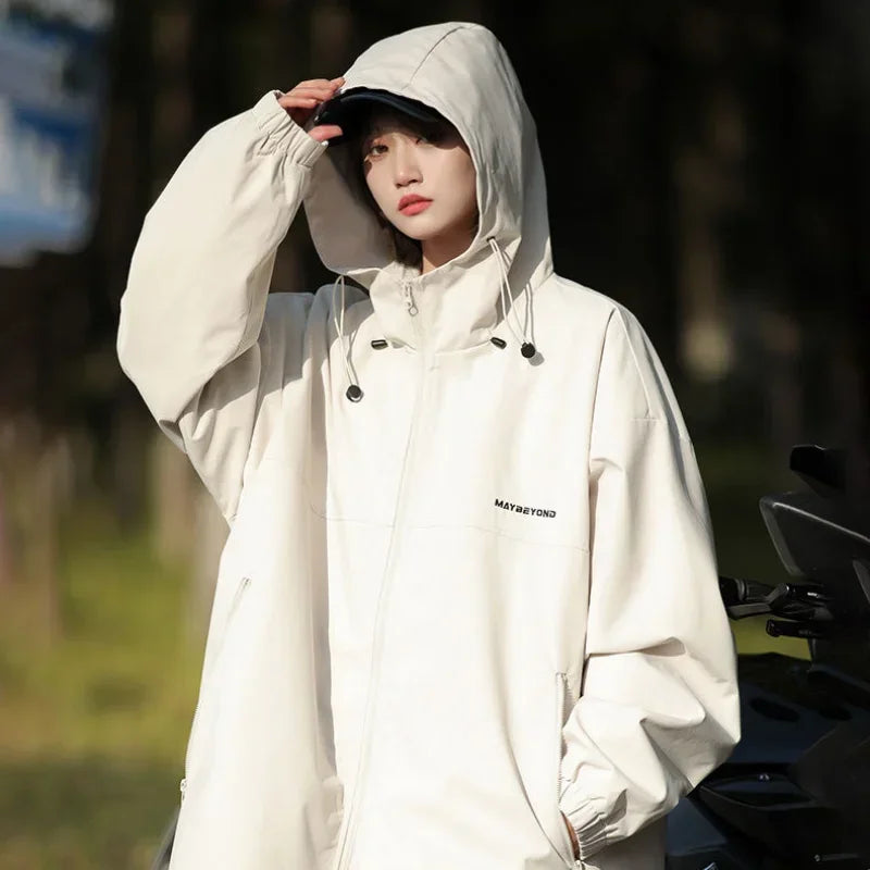 Women's Loose Windproof Zipper Hooded Jacket