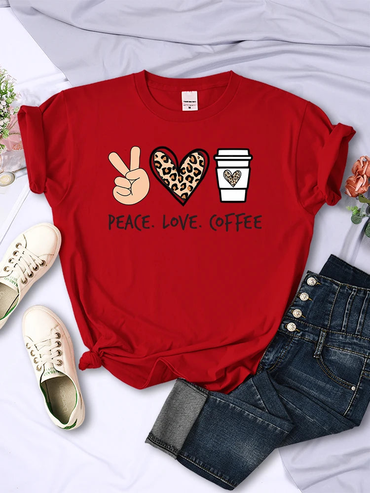 Women's Peace Love Coffee Printed Quality T-Shirts Brand Breathable O-Neck Tshirt For Women