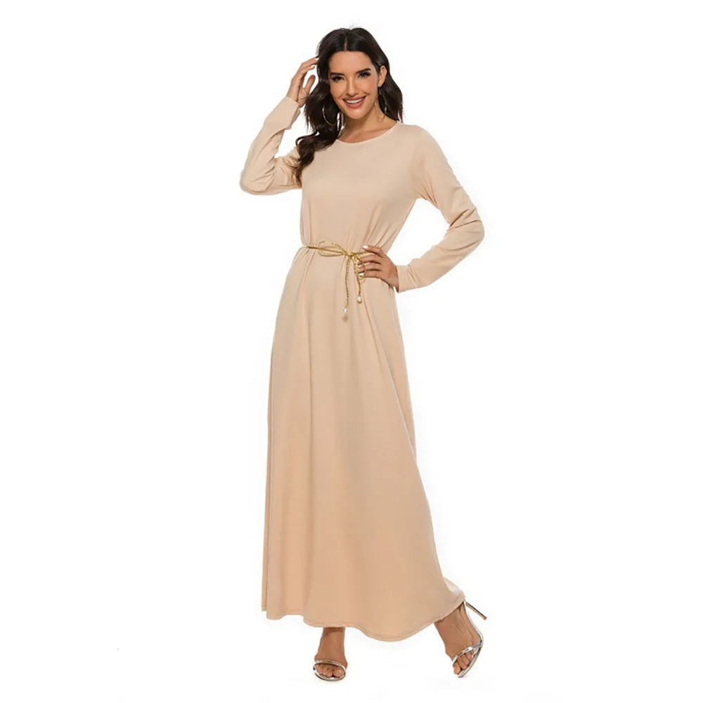 Women's Muslim Basic Liturgy  Abaya Long Sleeve Inner Cloth Round Neck Ladies Dress Middle Eastern Dubai Turkey Solid Daily Robe