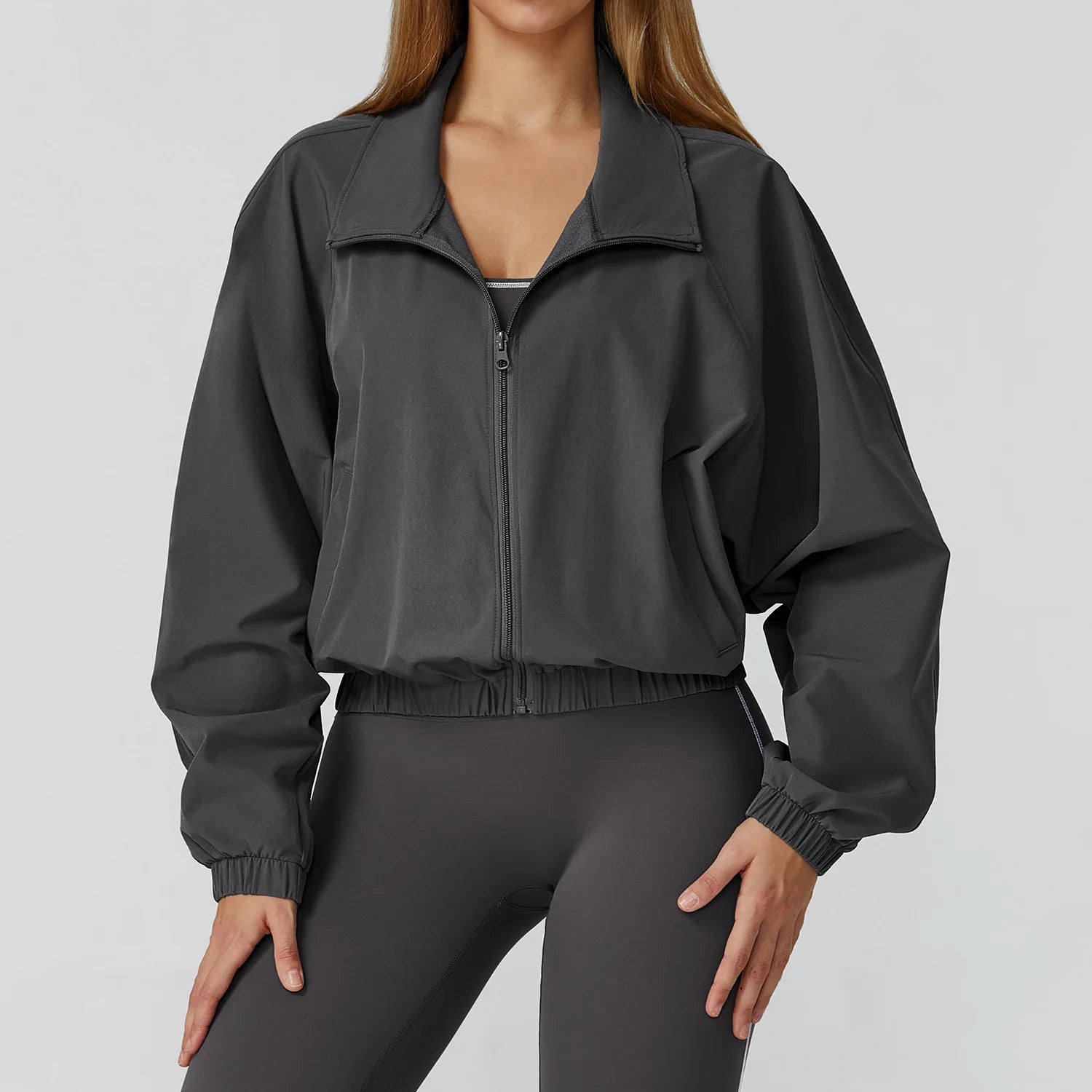 Women Zipper and Pockets Long Sleeve Gym Fitness Jacket Female Running Workout Sports