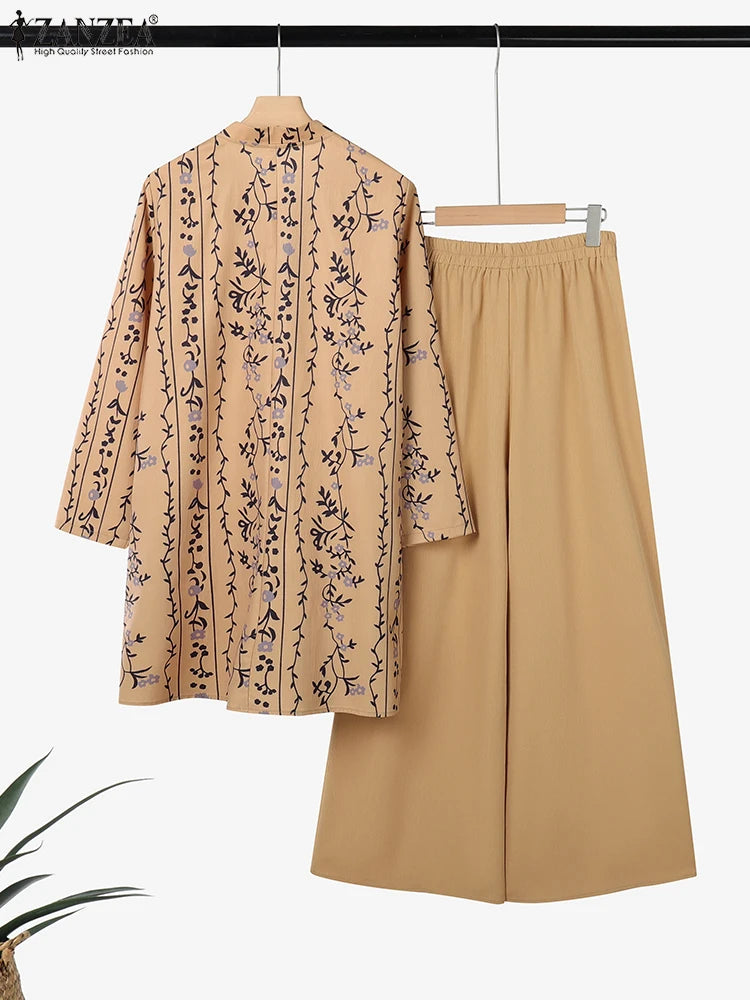 2025 ZANZEA 2 piece Fashion Autumn Long Shirt Pant Suits Women Outfts 2 Piece Sets Long Sleeve Printed Tops Trousers Casual Tracksuits