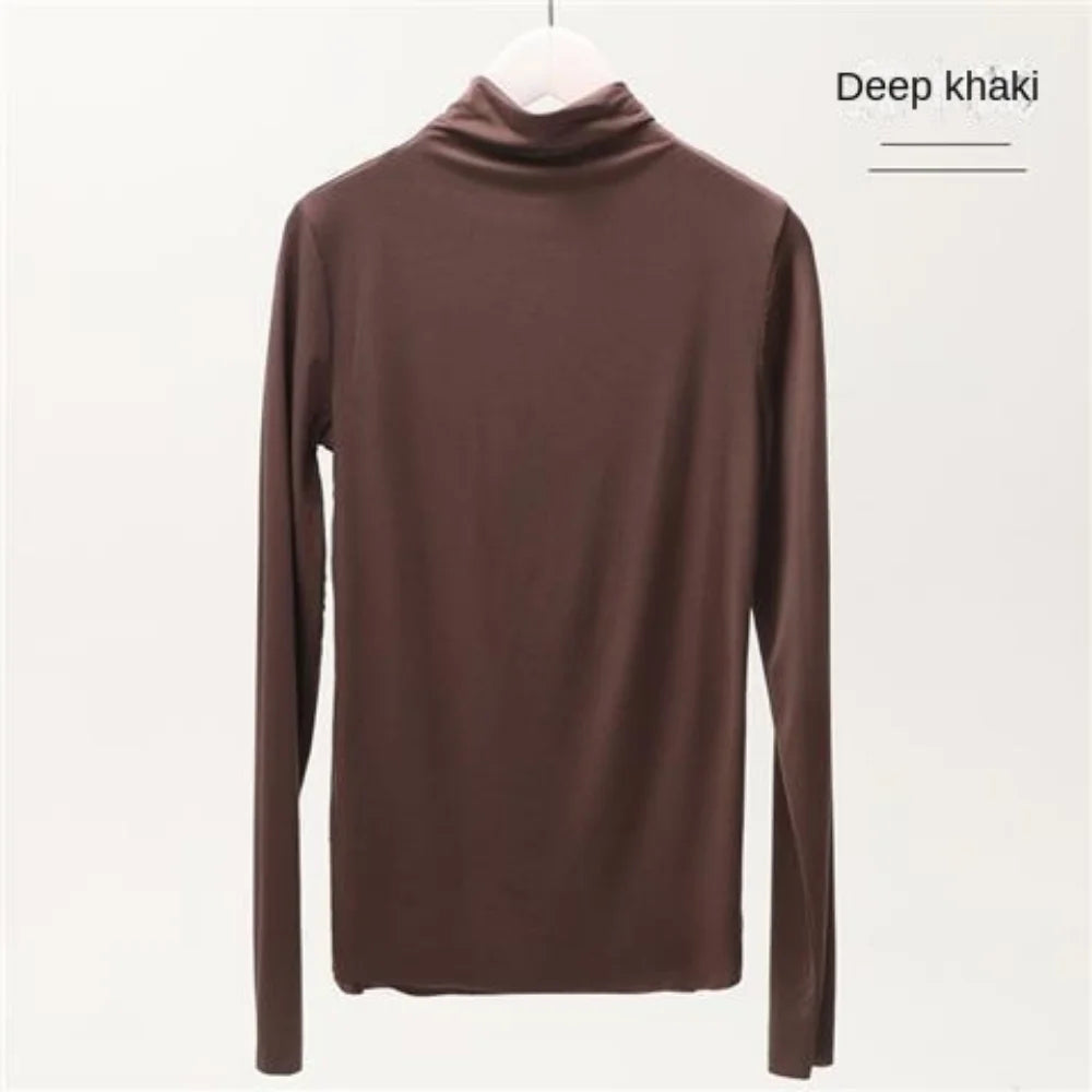 Fall and Winter 2025 New Luxury Clothing Stretch Modal T-Shirt for Women Half-high Collar Slim-fit Solid Color Long Sleeve Top