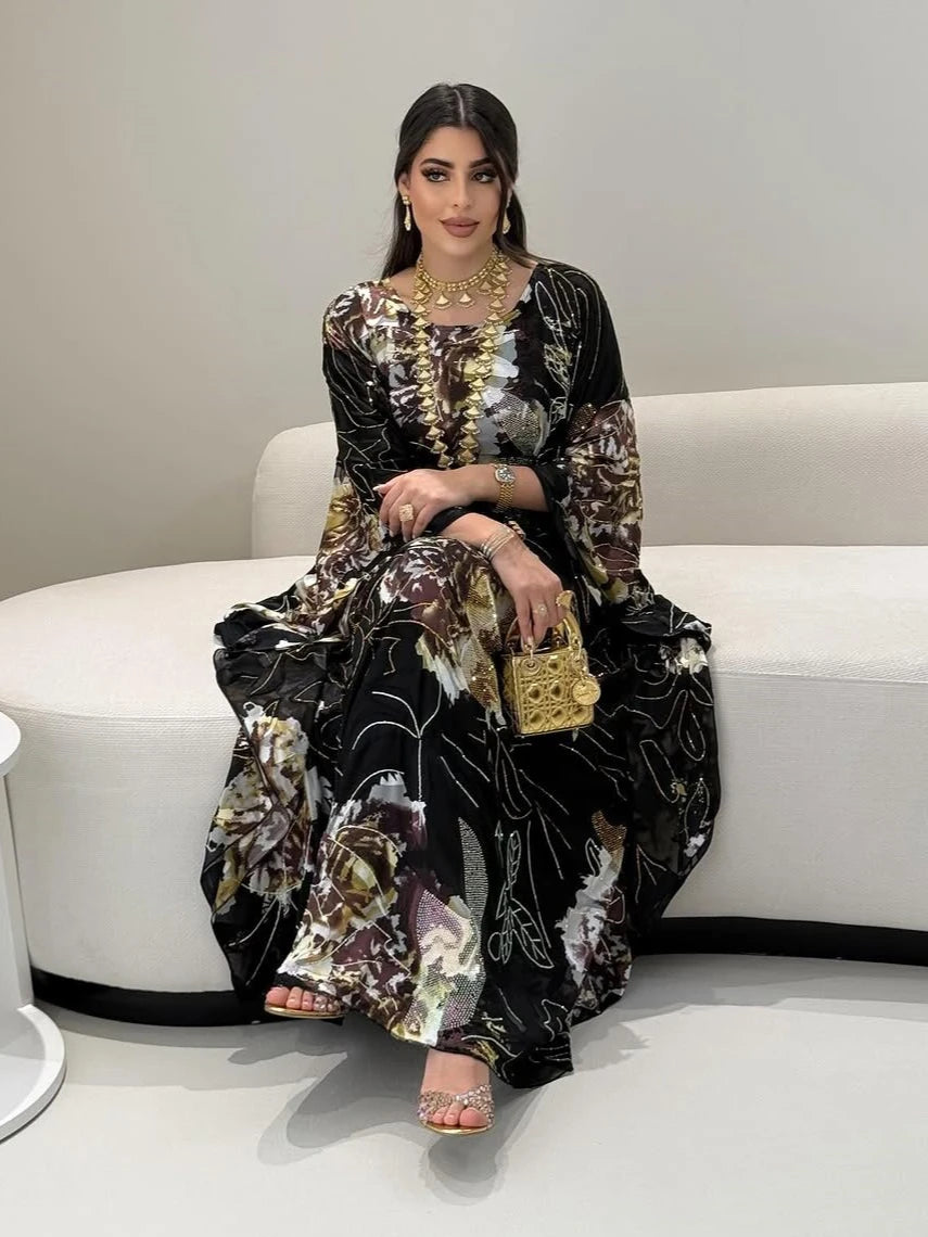 Dress for Women Chiffon Diamond Party Abaya Dresses Arab Long Robe Kaftan Jalabiya