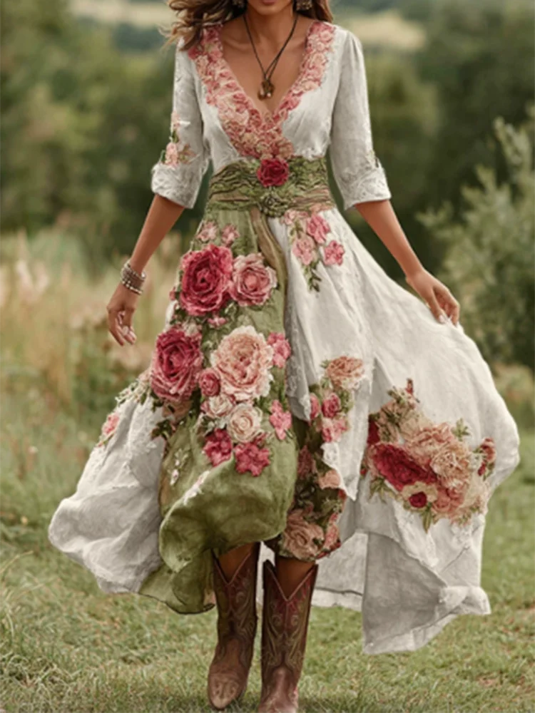 Casual Long Sleeve Party Dresses Elegant Flower Print Waist Big Swing Long Dress Women's Sexy Deep V-neck Draped Bohemian Dress