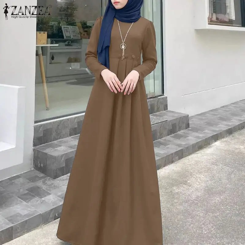 ZANZEA Women's Long Dress Spring Full Sleeve O-Neck Solid Sundress Casual Loose Elegant Robe