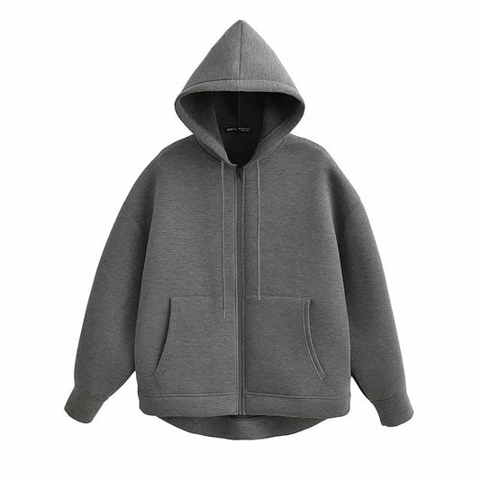 Women Gray Black Jacket With Hood Long Sleeve Zipper Jacket Casual Big Pocket