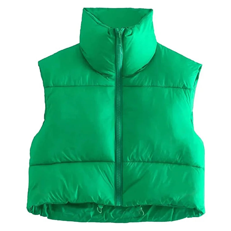 Women Winter Warm Crop Waistcoat Sleeveless Stand Collar Double Sided Lightweight Puffer Vest