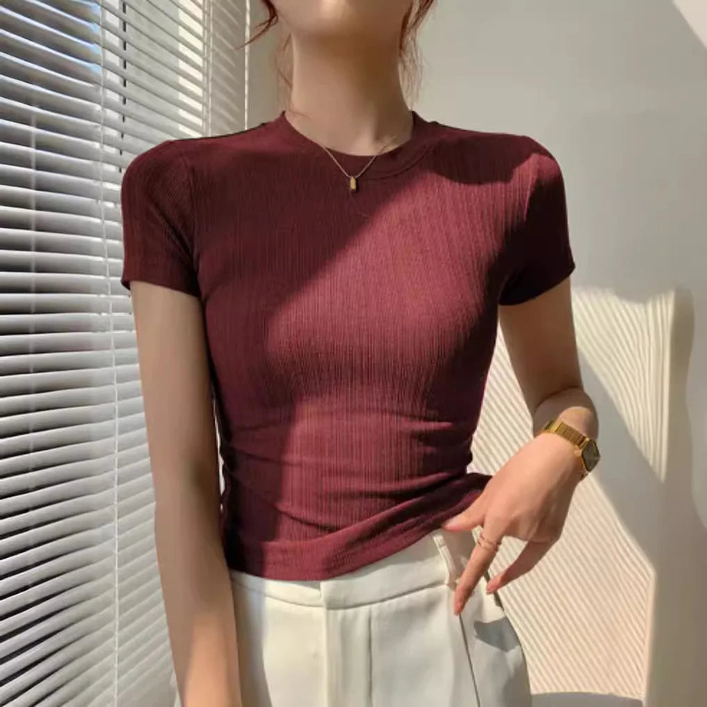 Summer Womens Y2k Harajuku T-shirt Casual Short Sleeve Tops Korean Fashion Knitted Clothes for Women White Black T-shirts 2025