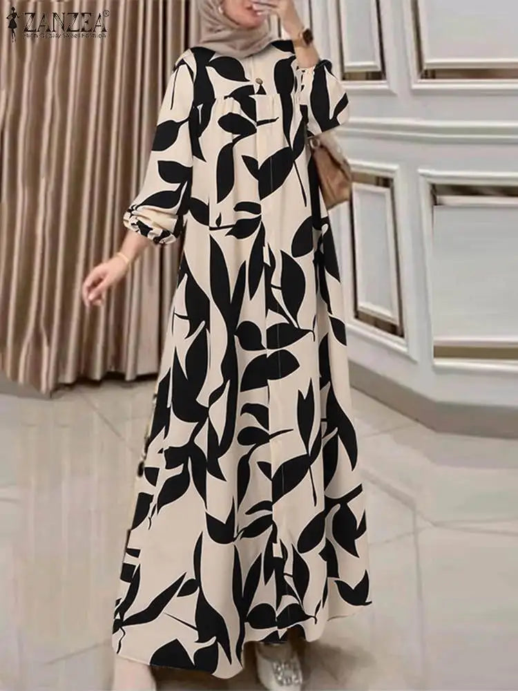 2025 ZANZEA Autumn Sundress Fashion Women Long Sleeve Dress Abaya Bohemain Floral Print Maxi