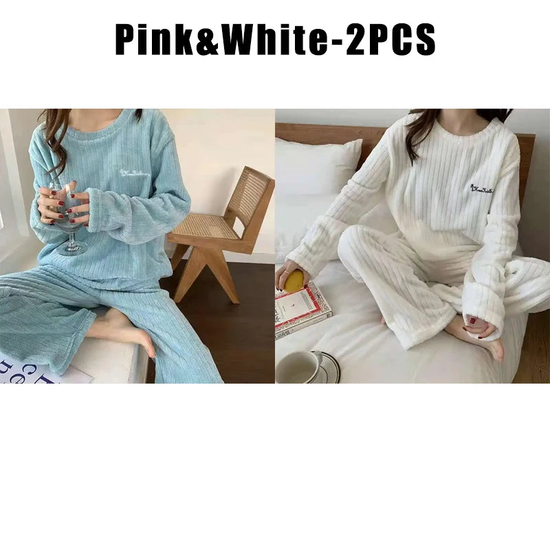 Women Coral Fleece Pajama Set Warm Round NeckSleepwear Cozy Loungewear Outfit