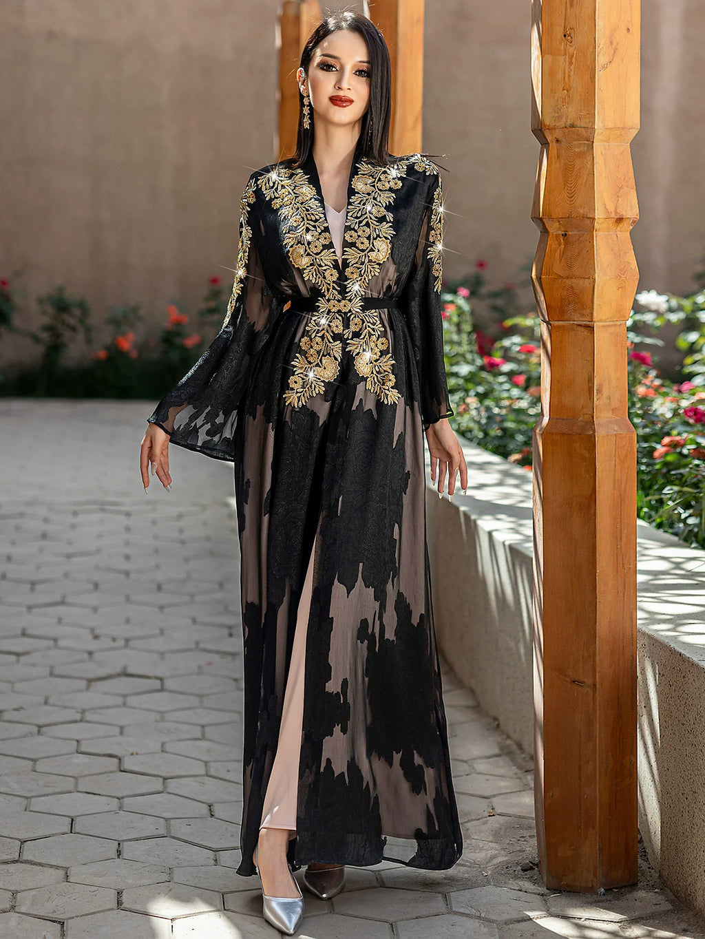 Women's Black Gold Lace Embroidered Two Piece Set with Belt Robe Light and Elegant Middle Eastern Spot