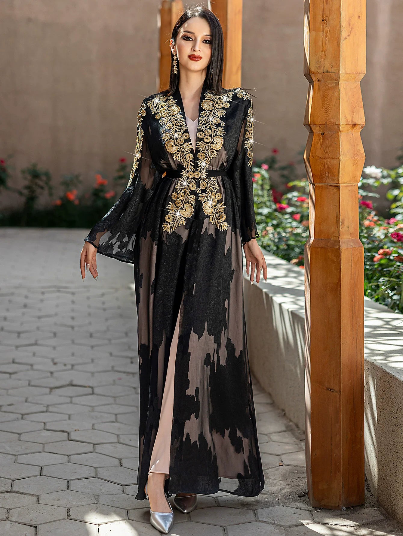 Women's Black Gold Lace Embroidered Two Piece Set with Belt Robe Light and Elegant Middle Eastern Spot