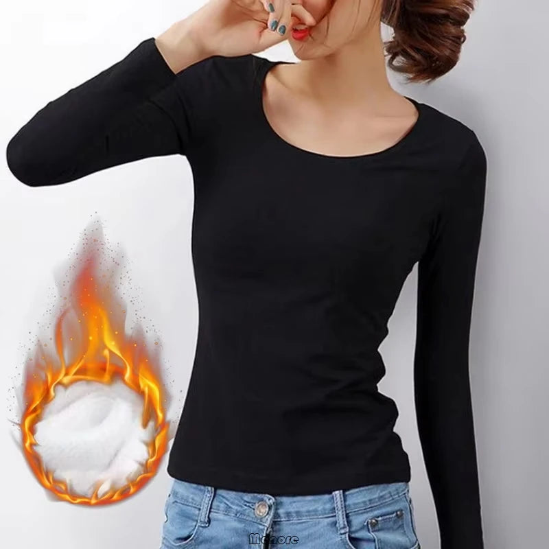 Winter Bottoming Shirt Women Thermal Underwear Solid Color German Velvet Long-Sleeved Basic T-Shirt Heating Fiber Thermal Top