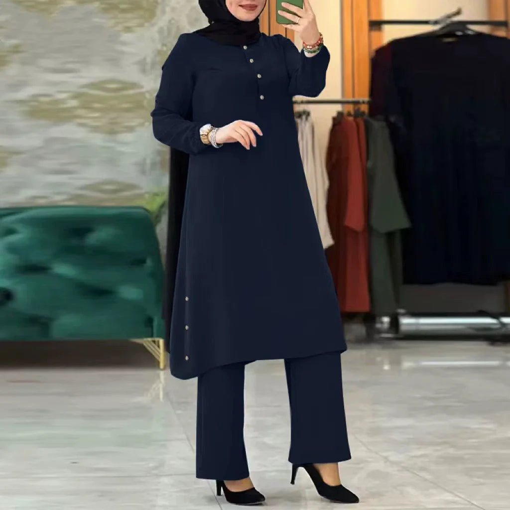 Two Piece Women Modest Set Top Lace Up Wide Leg Pants Suit Ramadan  Casual Ensemble Arabic Outfits