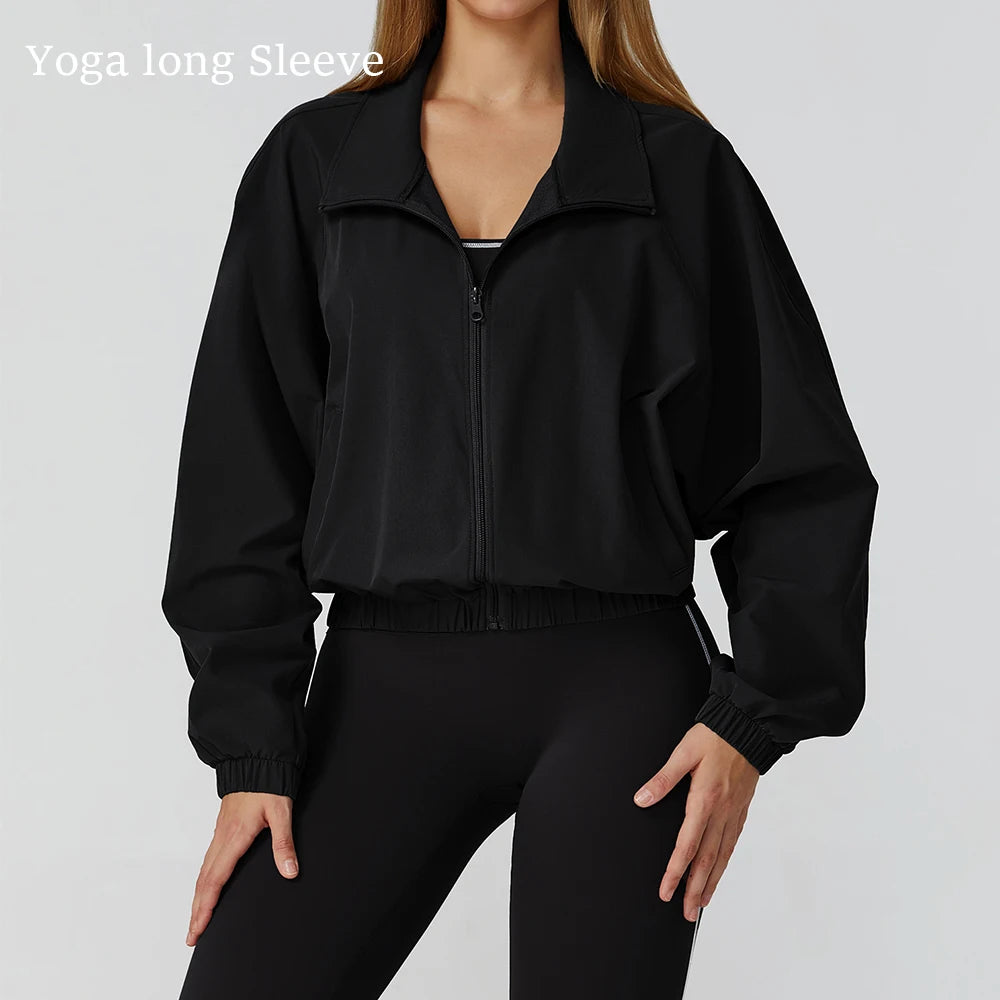Women Zipper and Pockets Long Sleeve Gym Fitness Jacket Female Running Workout Sports